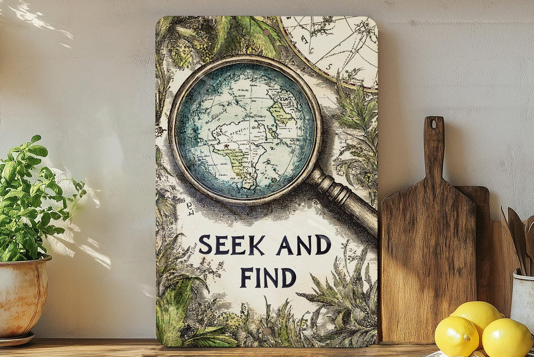 a painting of a magnifying glass with the words seek and find