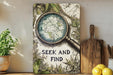 a painting of a magnifying glass with the words seek and find