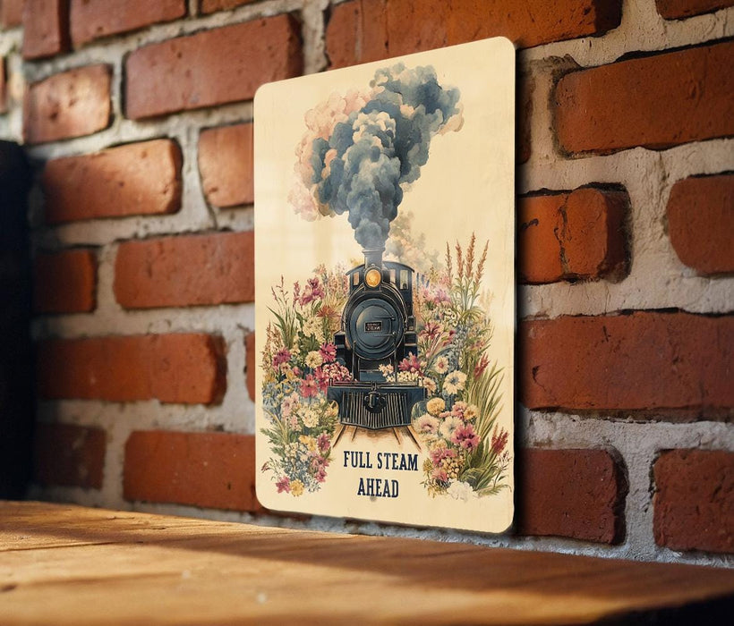 a picture of a steam engine on a brick wall