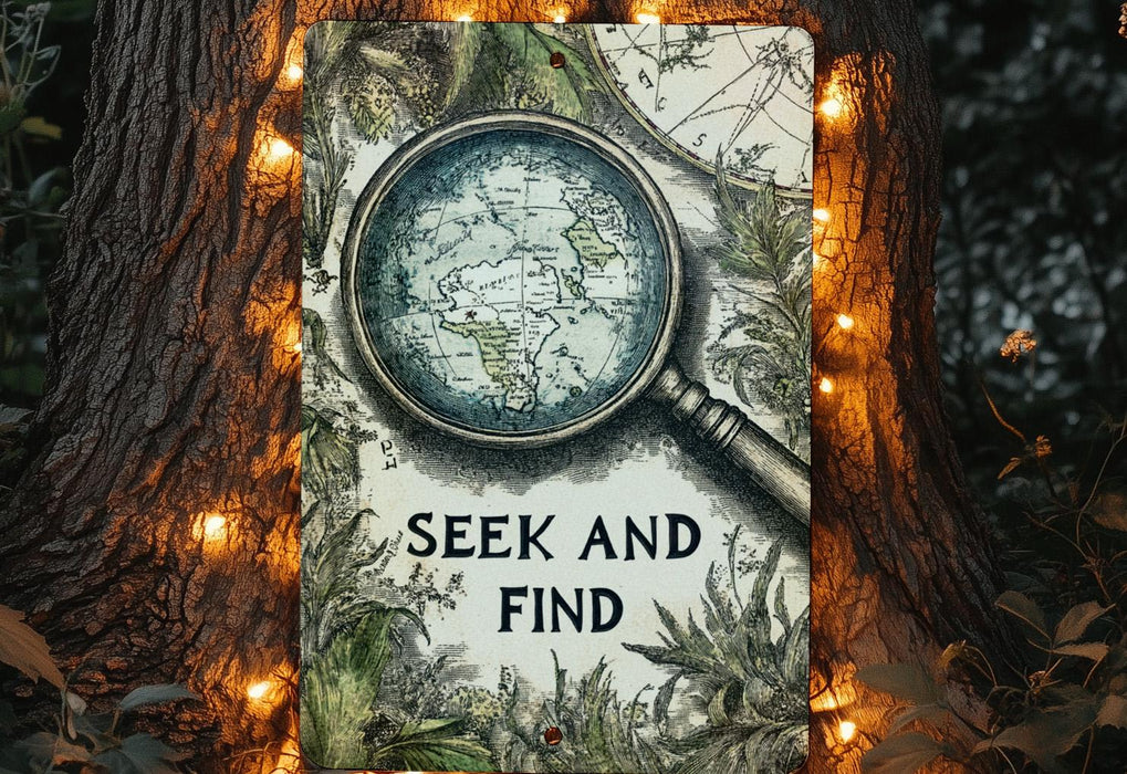 a sign with a magnifying glass saying seek and find