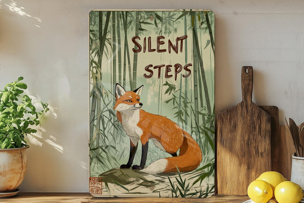 a painting of a fox sitting in a bamboo forest