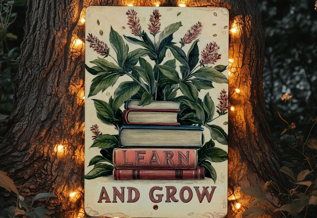 a sign that says learn and grow next to a tree