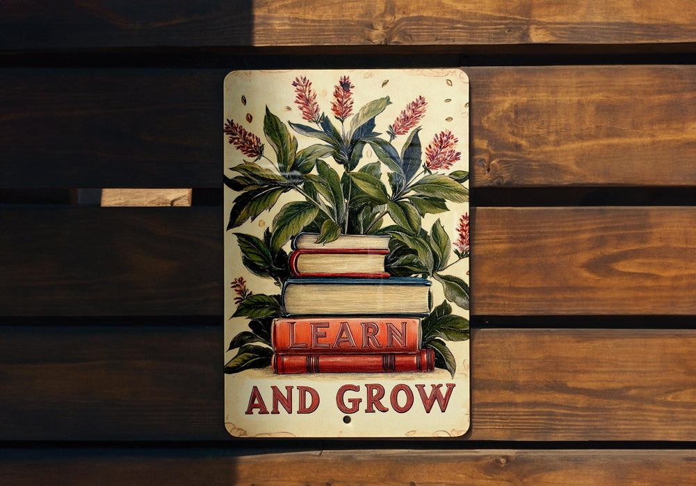 a sign that says learn and grow on a wooden bench