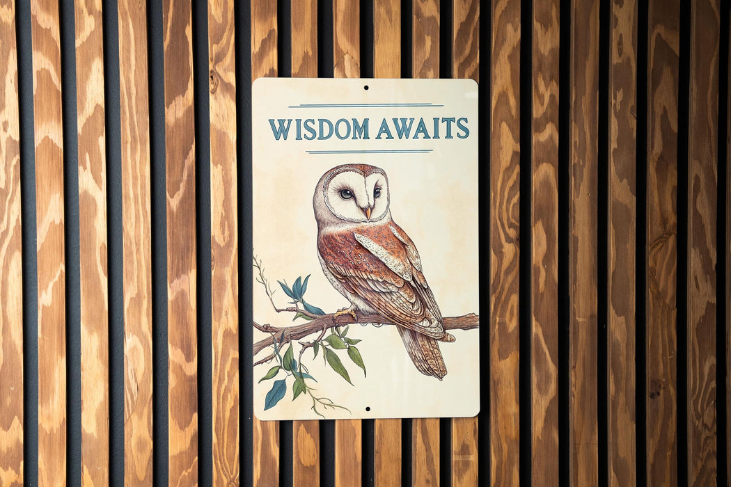 a sign on the side of a building that says wisdom awaits