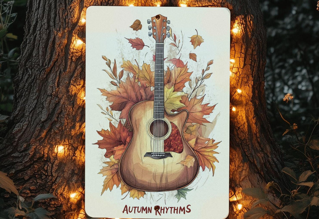 a picture of a guitar with autumn leaves on it