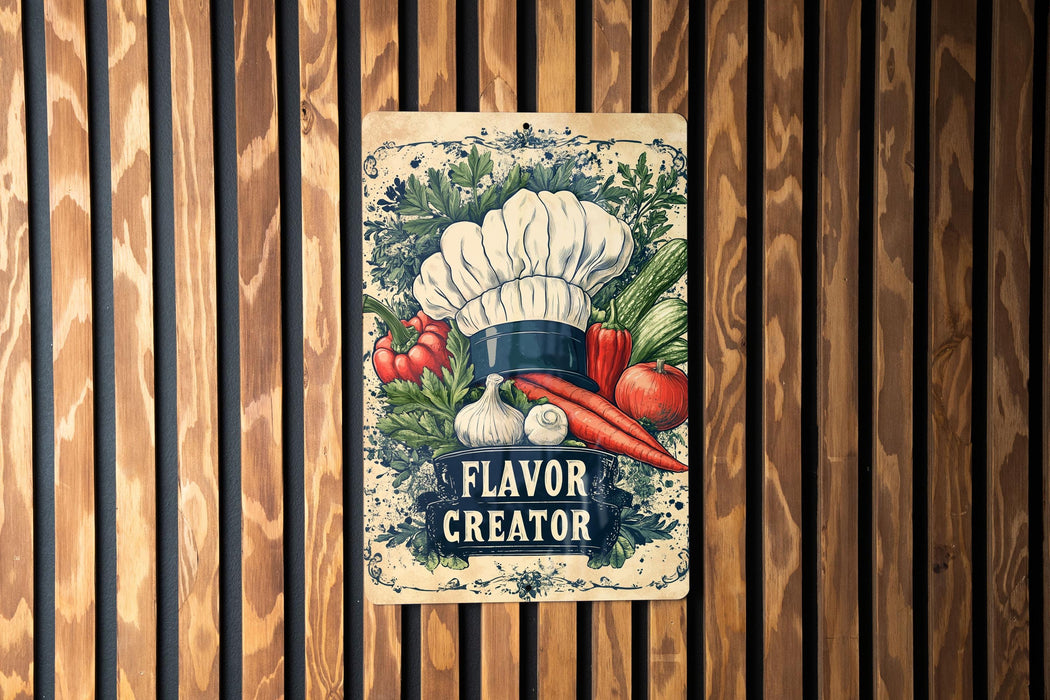 a sign on a wooden wall that says flavor creator