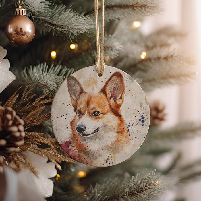 a ceramic ornament hanging from a christmas tree