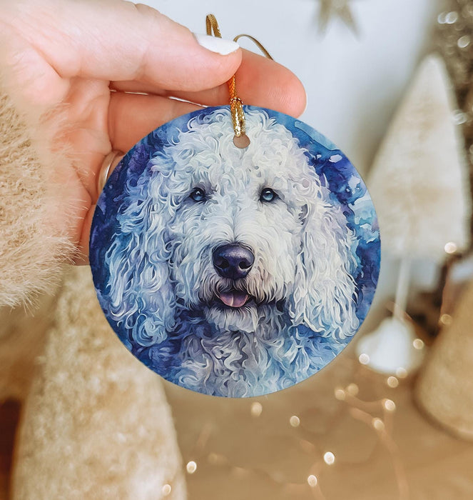 a person holding a blue ornament with a white dog on it