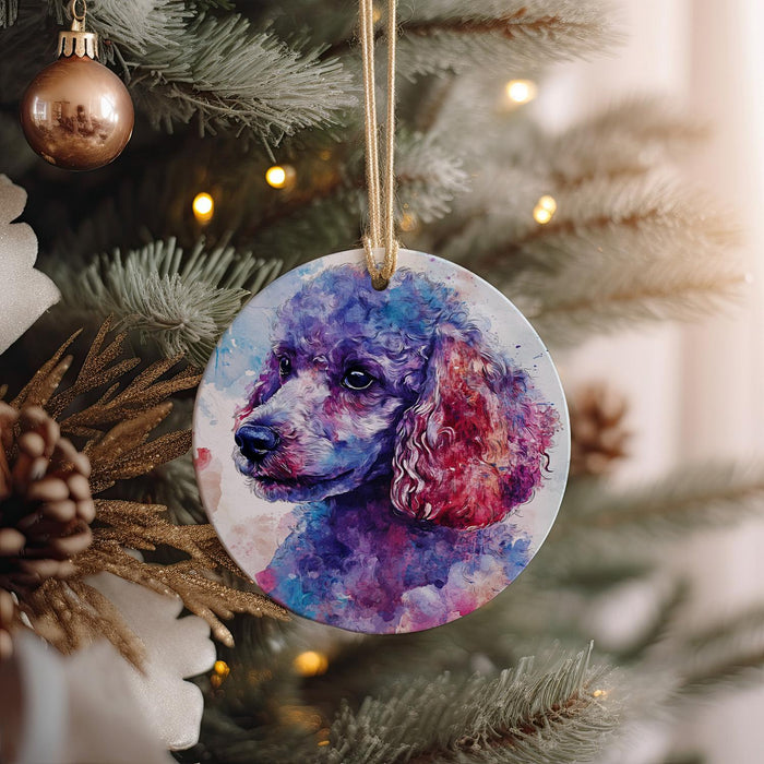 a purple poodle ornament hanging from a christmas tree