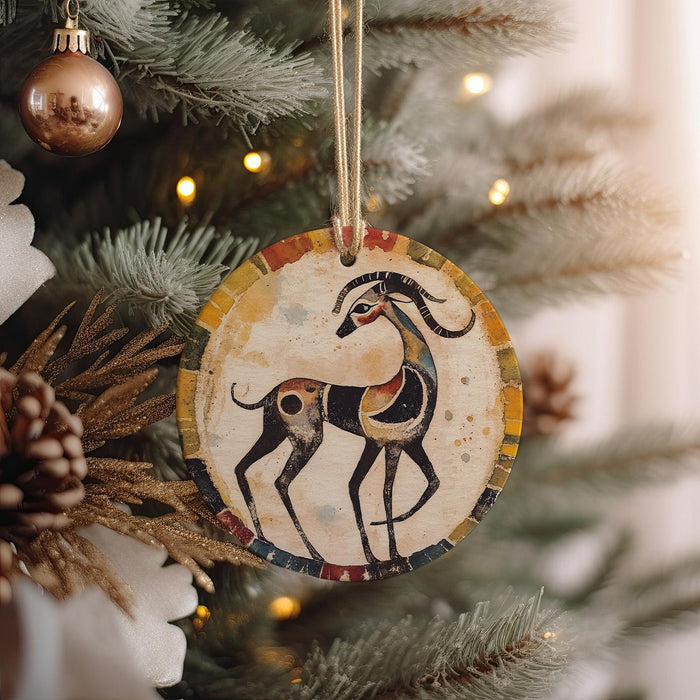 a wooden ornament hanging from a christmas tree