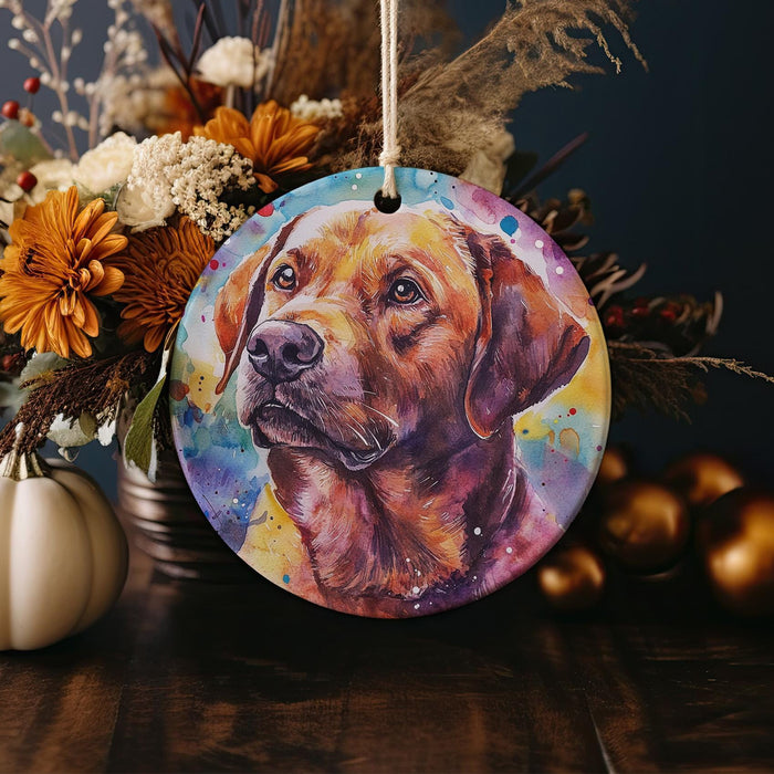 a painting of a dog on a round ornament