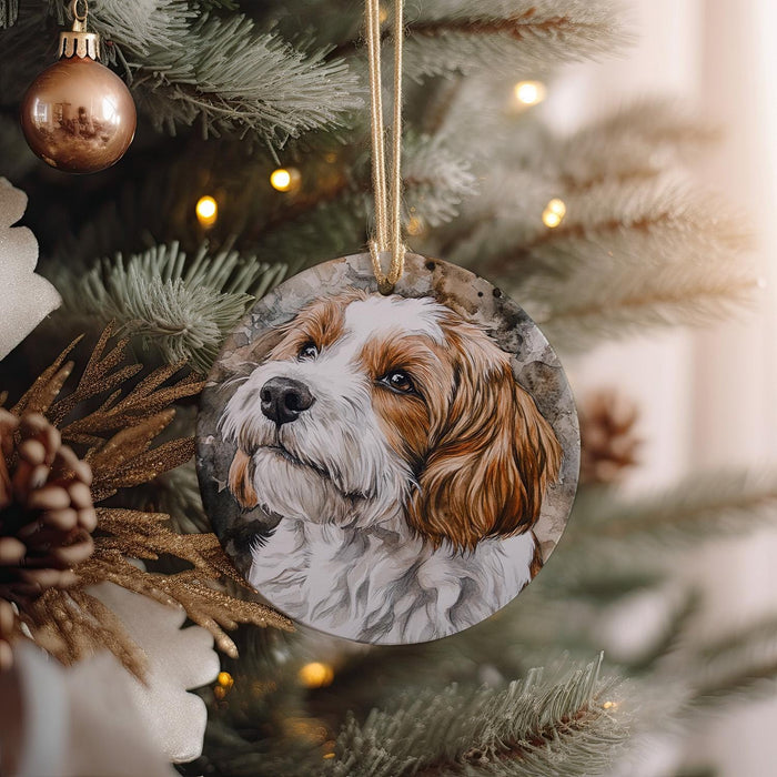 a dog ornament hanging from a christmas tree