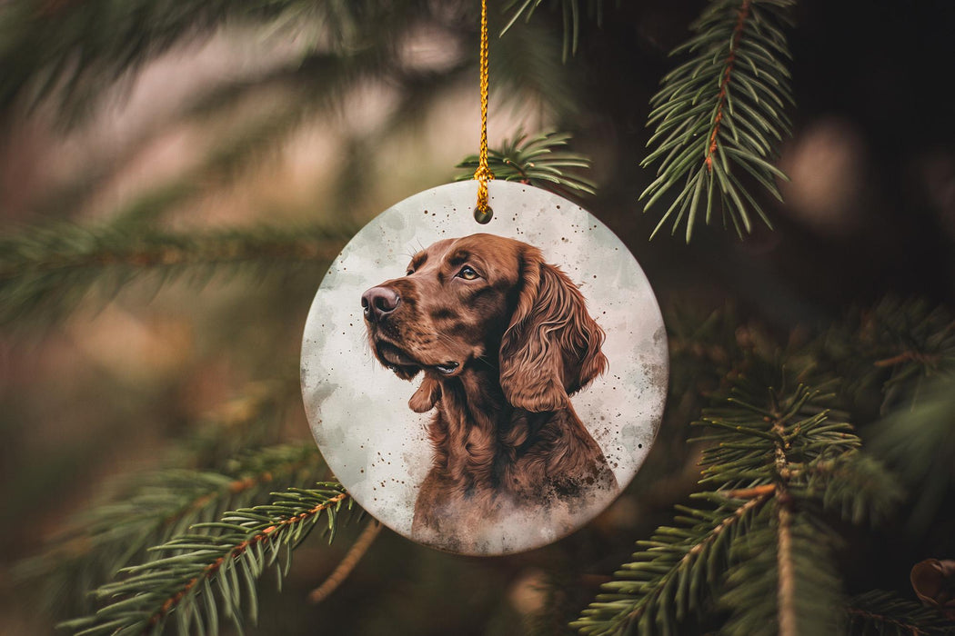 a brown dog ornament hanging from a christmas tree