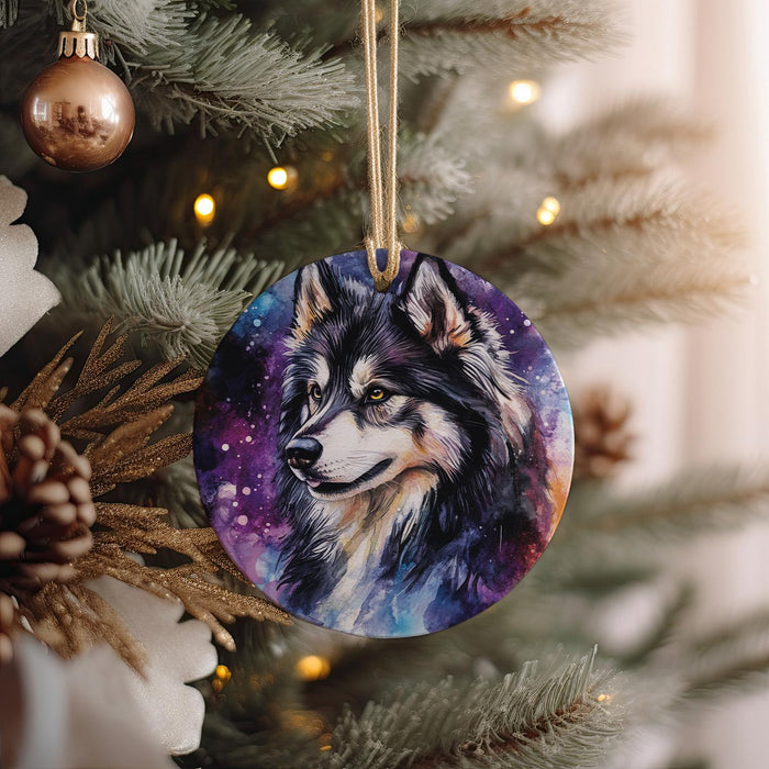 a picture of a wolf ornament hanging on a christmas tree