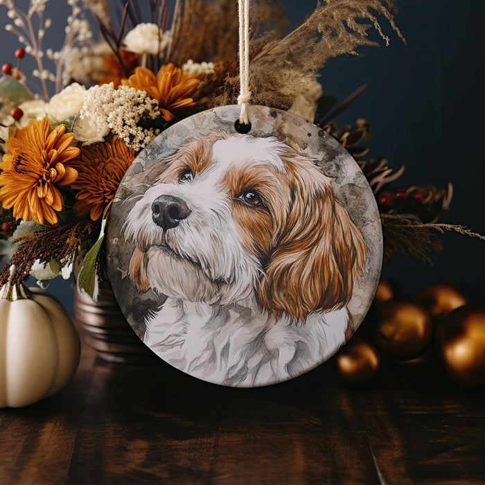 a picture of a dog on a round ornament
