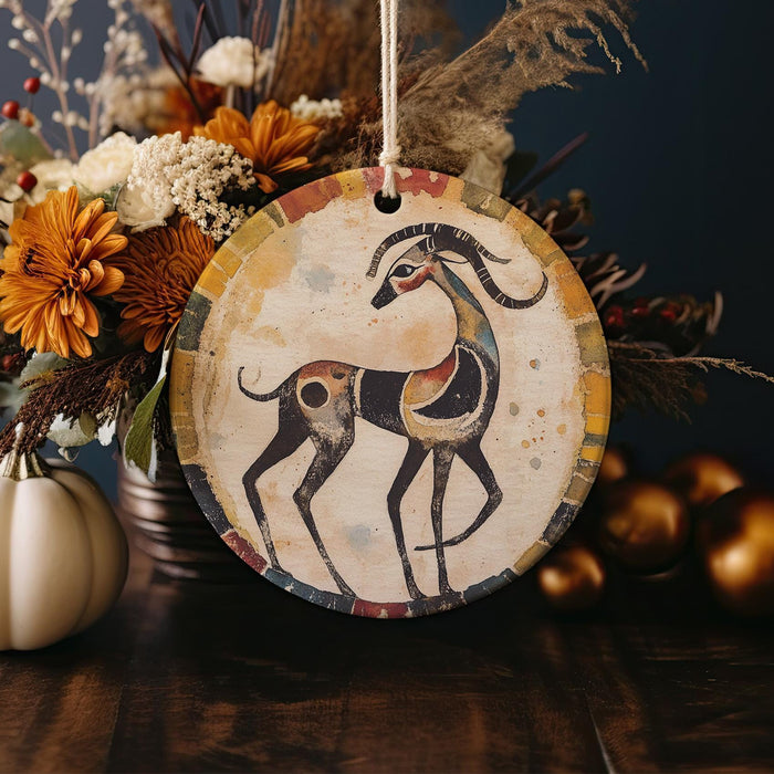 a wooden ornament with a painting of a deer on it
