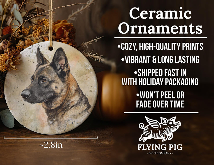 a ceramic ornament with a german shepherd on it