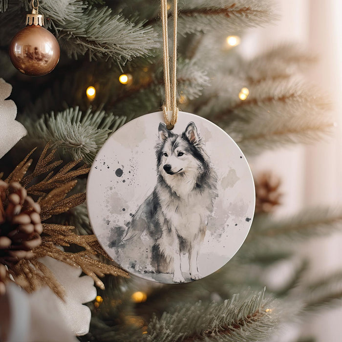 a christmas ornament with a picture of a wolf on it