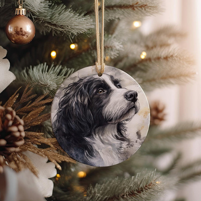a dog ornament hanging from a christmas tree