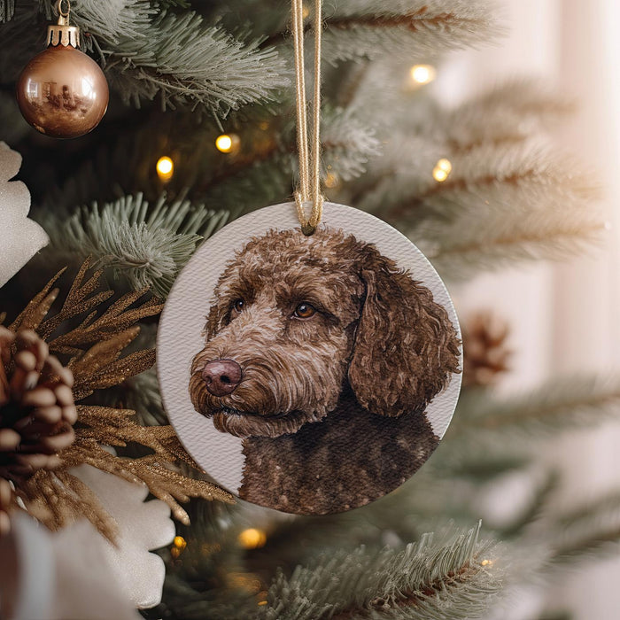 a dog ornament hanging from a christmas tree