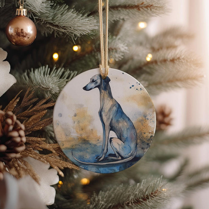 a ceramic ornament hanging from a christmas tree