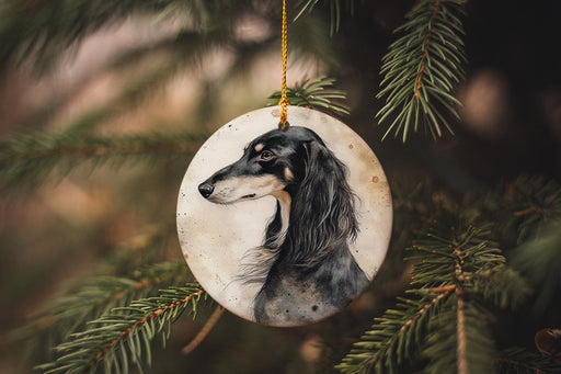 a black and white dog ornament hanging from a christmas tree