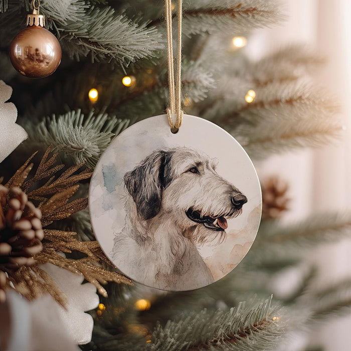 a picture of a dog hanging on a christmas tree