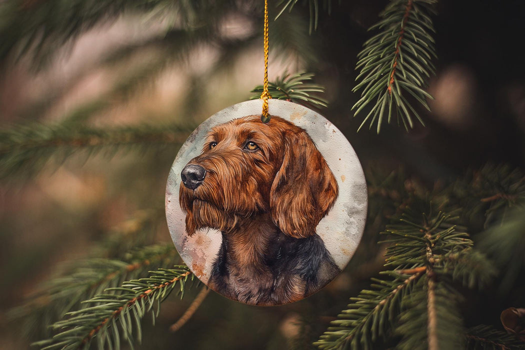 a dog ornament hanging from a christmas tree