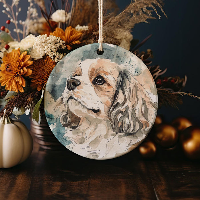 a picture of a dog on a ceramic ornament