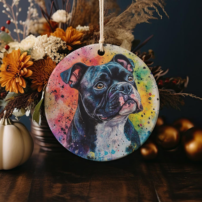 a painting of a dog on a round ornament
