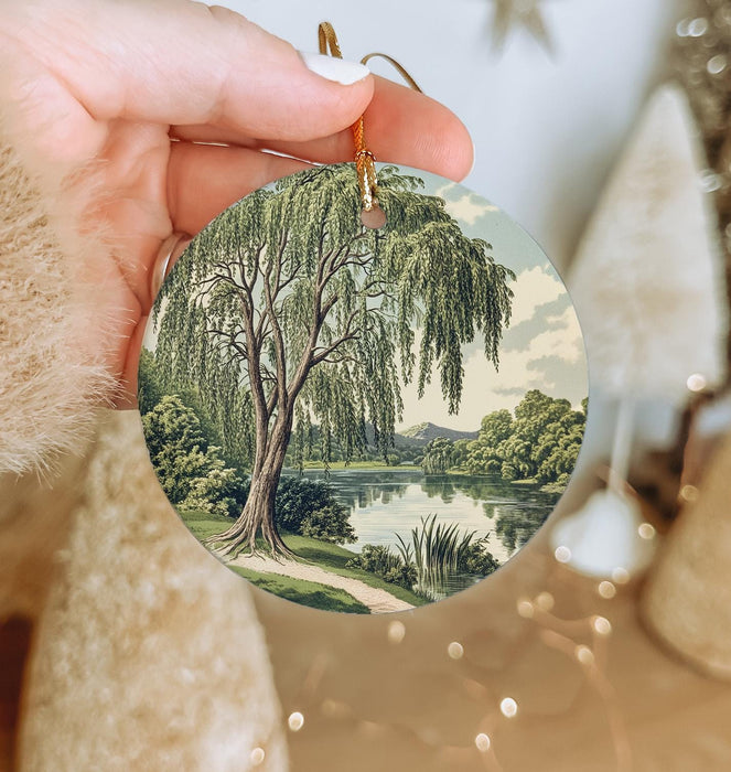 a person holding a christmas ornament in their hand