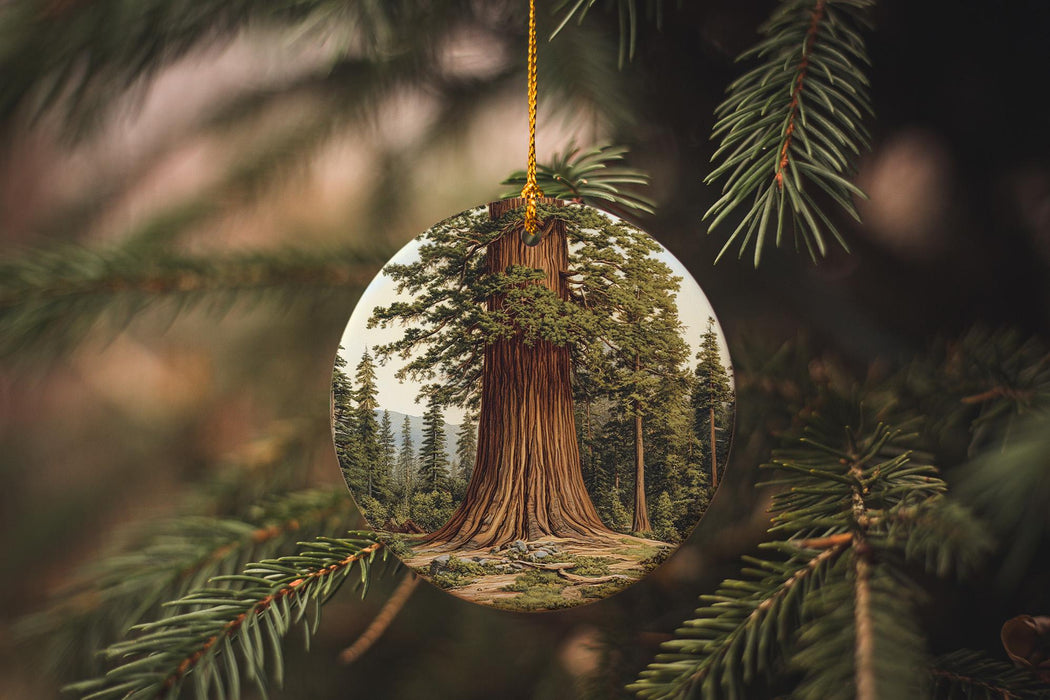 a christmas ornament hanging from a tree