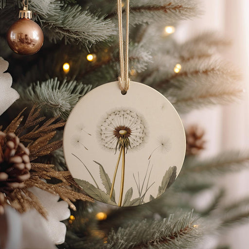 a dandelion ornament hanging from a christmas tree