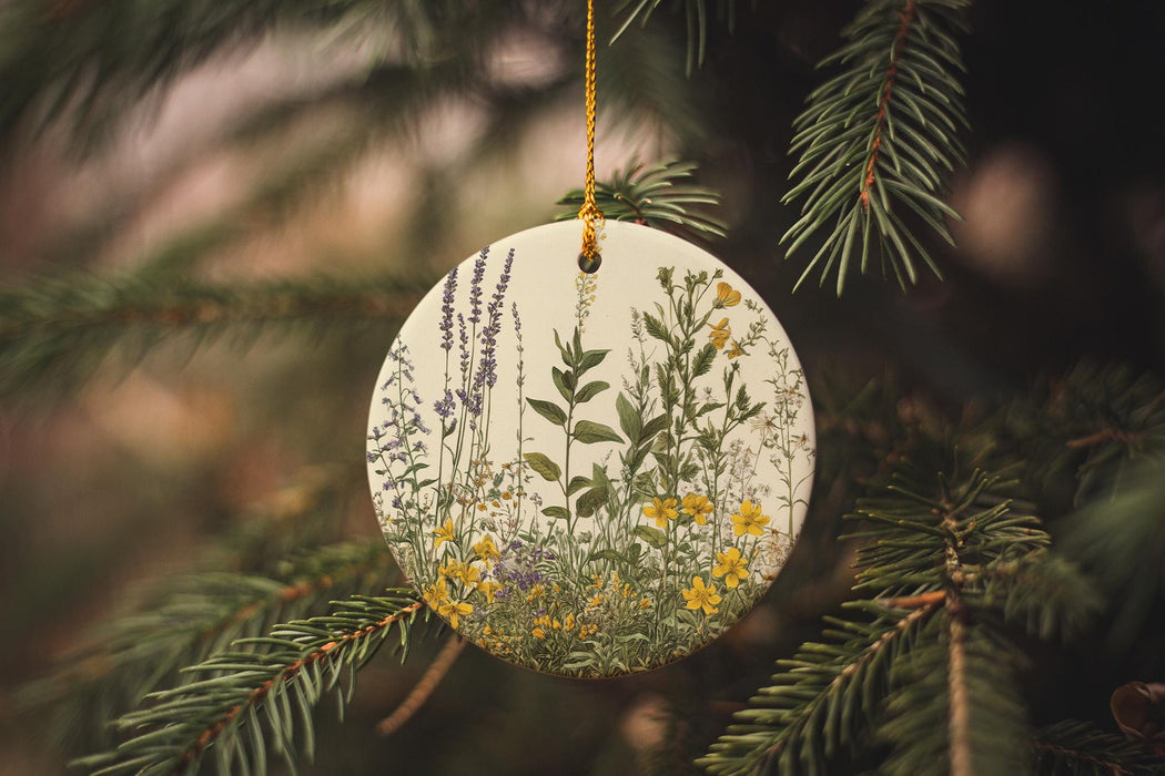 a ceramic ornament hanging from a pine tree