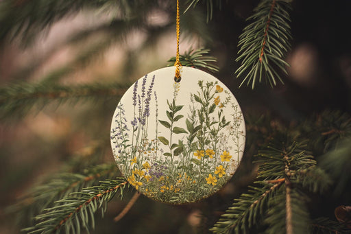 a ceramic ornament hanging from a pine tree
