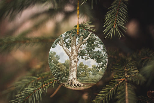 a christmas ornament hanging from a pine tree