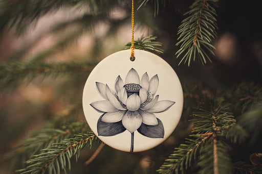 a ceramic ornament hanging from a christmas tree