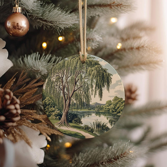 a christmas ornament hanging from a christmas tree