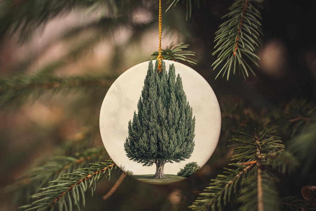 a christmas ornament with a picture of a tree on it