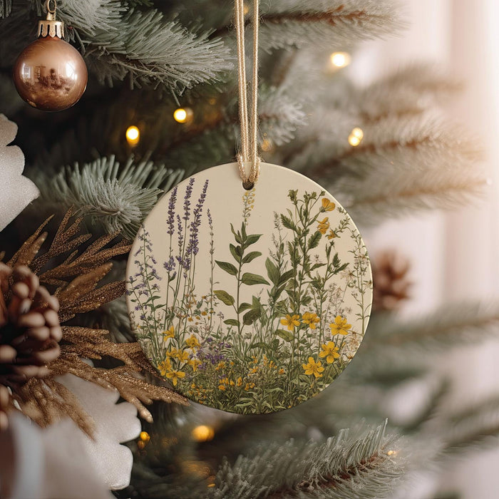 a ceramic ornament hanging from a christmas tree