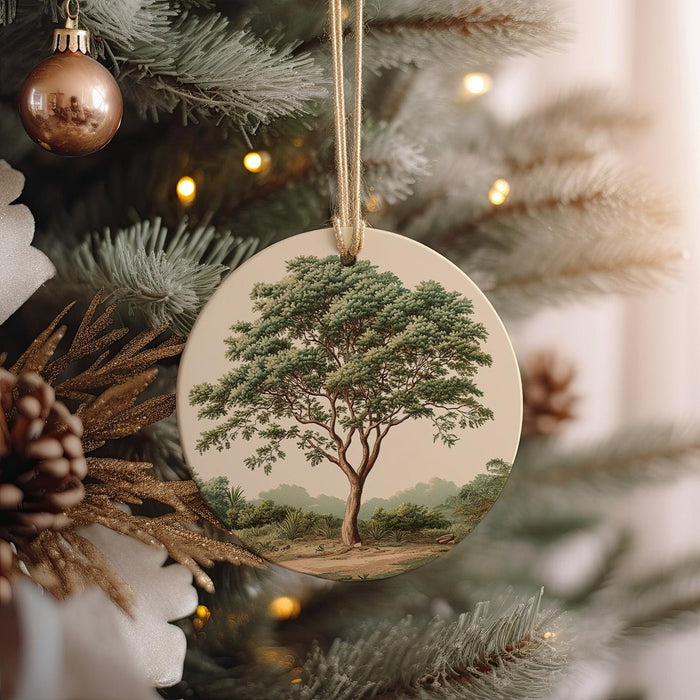 a christmas ornament hanging from a christmas tree