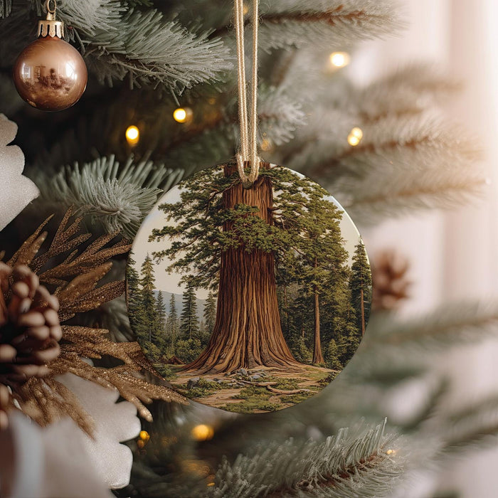 a christmas ornament hanging from a christmas tree