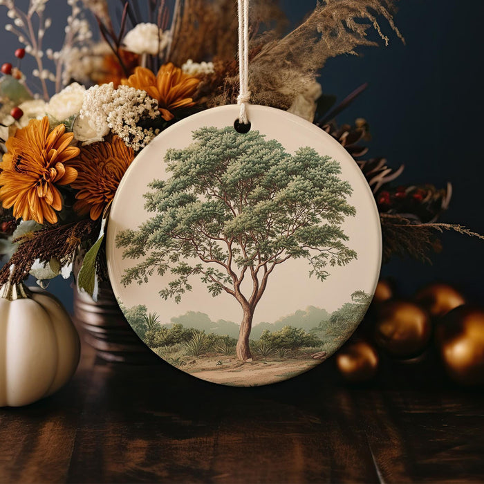 a ceramic ornament with a picture of a tree on it