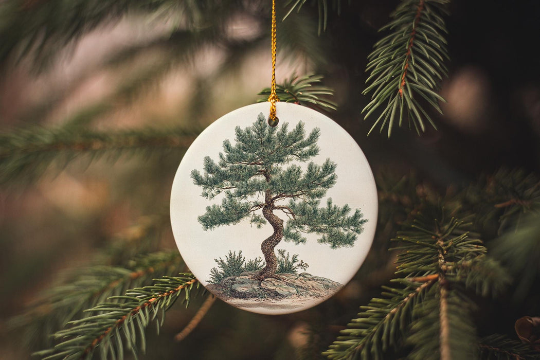 a ceramic ornament hanging from a christmas tree