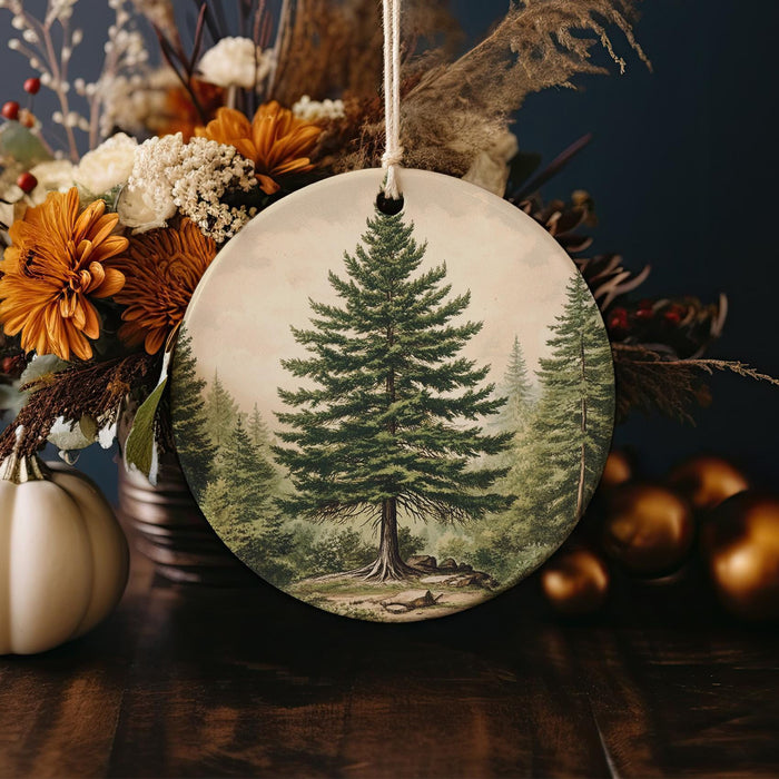 a christmas ornament with a picture of a pine tree