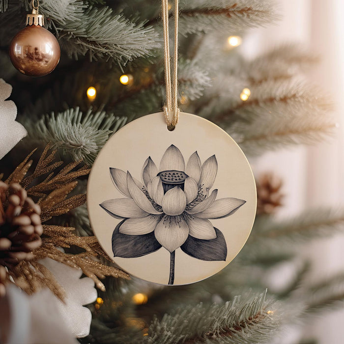 a ceramic ornament hanging from a christmas tree