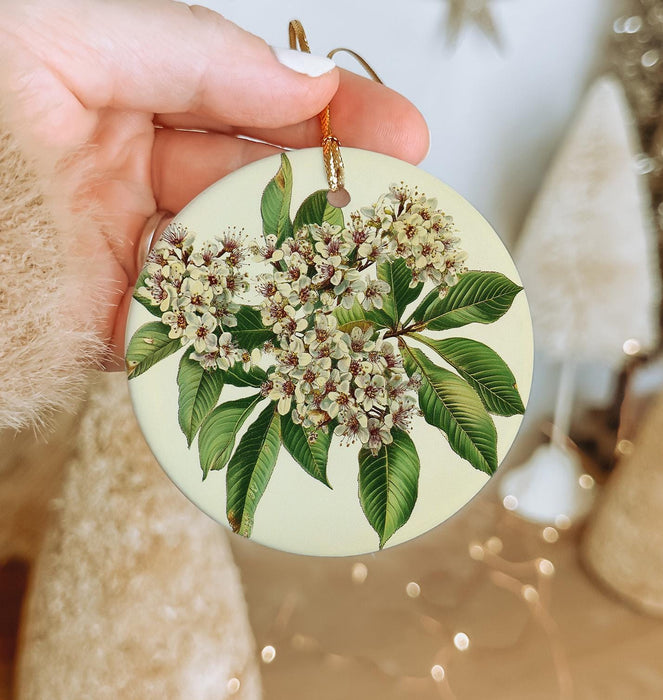a person holding a round ornament with flowers on it