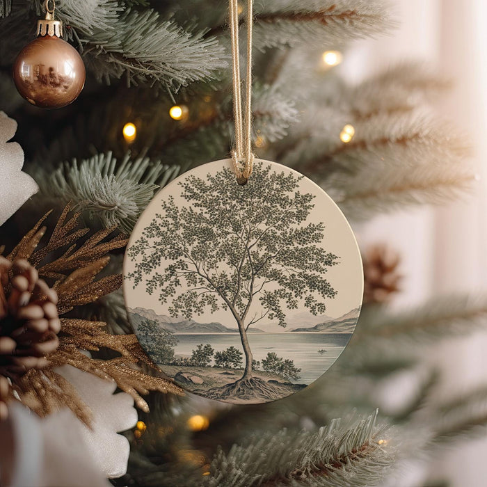 a christmas ornament hanging from a christmas tree