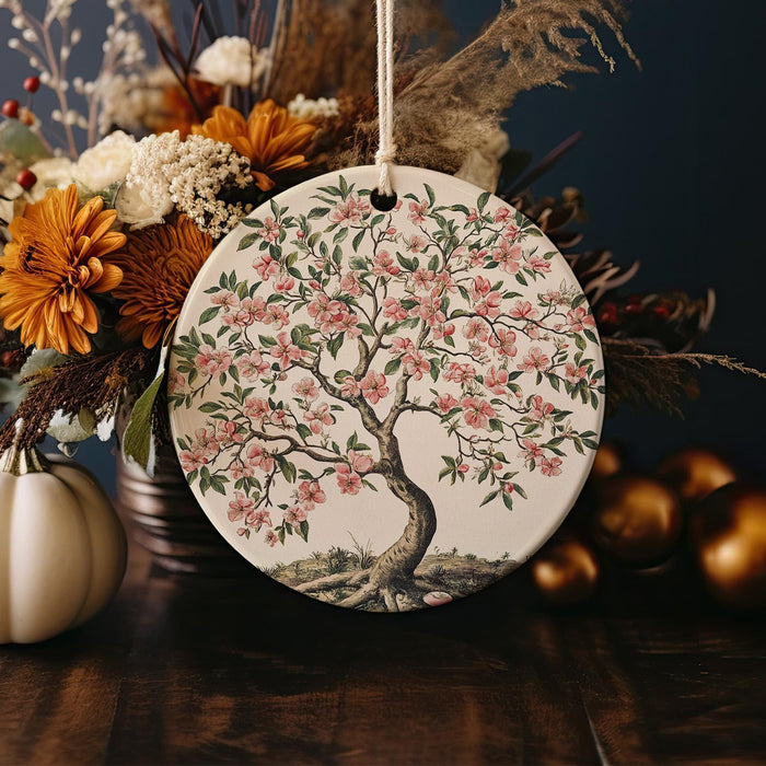 a tree ornament hanging from a string next to a vase of flowers