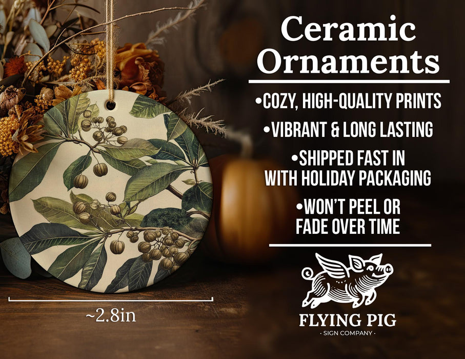 a ceramic ornament hanging on a wooden table
